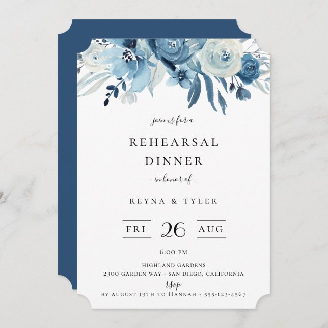 Invitación de cena de ensayo floral azul elegante (Anverso / Reverso)
