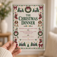 Invitación de cena de Navidad con lazos borgoña y 