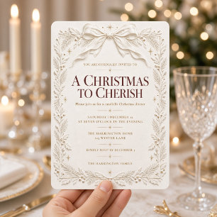 Invitación de cena de Navidad con vegetación y laz