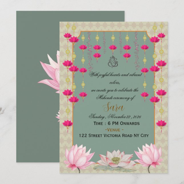  Invitación de ceremonia de Mehendi para boda indi (Anverso / Reverso)