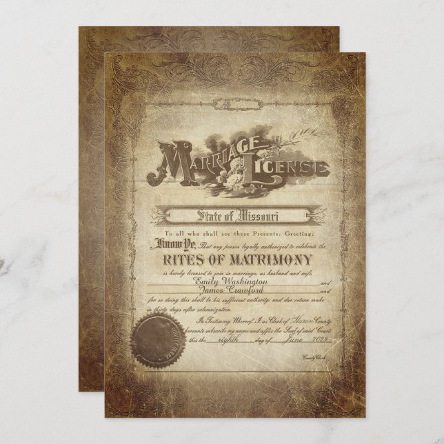 Invitación de certificado de boda vintage (Anverso / Reverso)