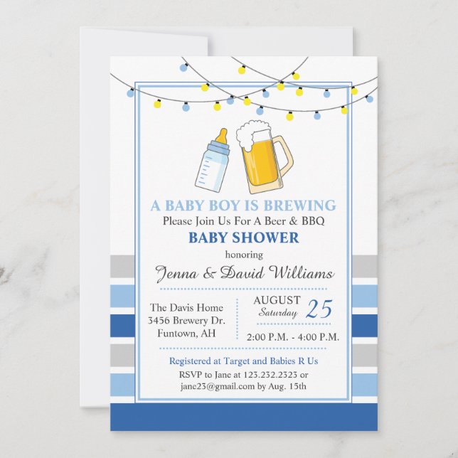 Invitación de cerveza y baby shower azul (Anverso)