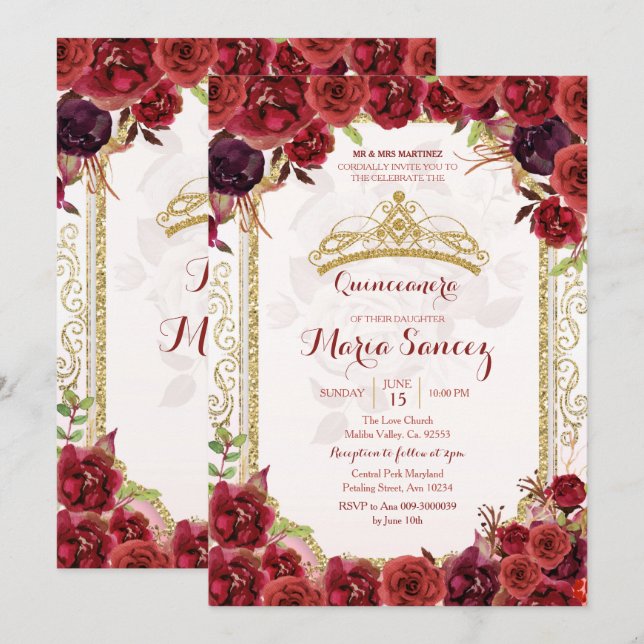 Invitación de Charra 15 Anos para Rosas de Borgoña (Anverso / Reverso)