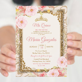 Invitación de Charra Mis Quince, vestido de oro Ro