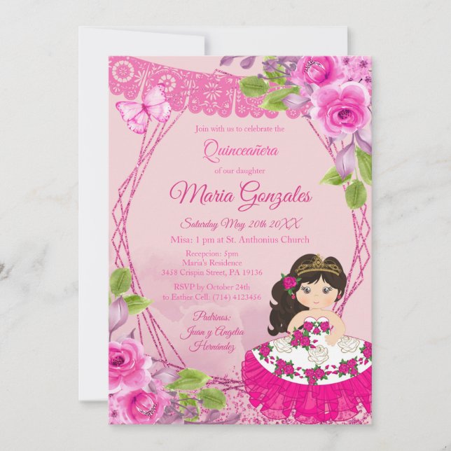 Invitación de Charra Quinceanera Mexicana Rosa (Anverso)