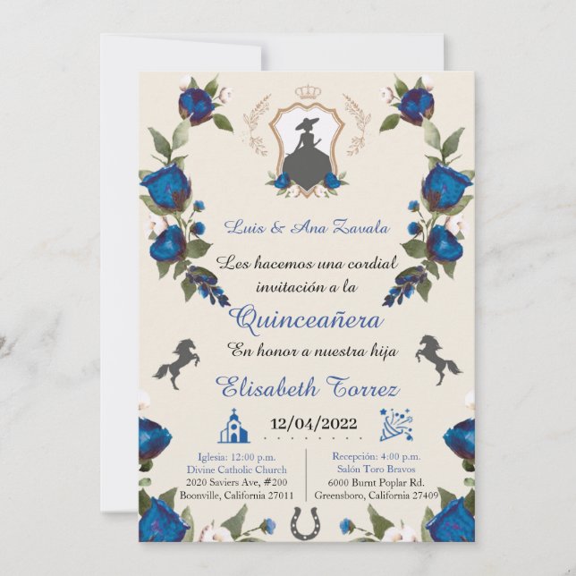 Invitación de Charra Royal Blue, Charro Western (Anverso)