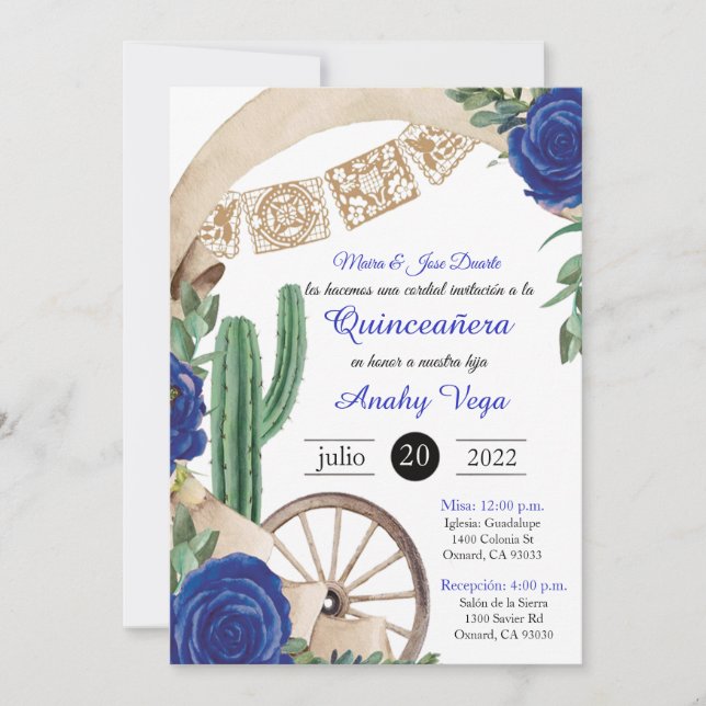 Invitación de Charro Huapango Quinceanera, Azul (Anverso)