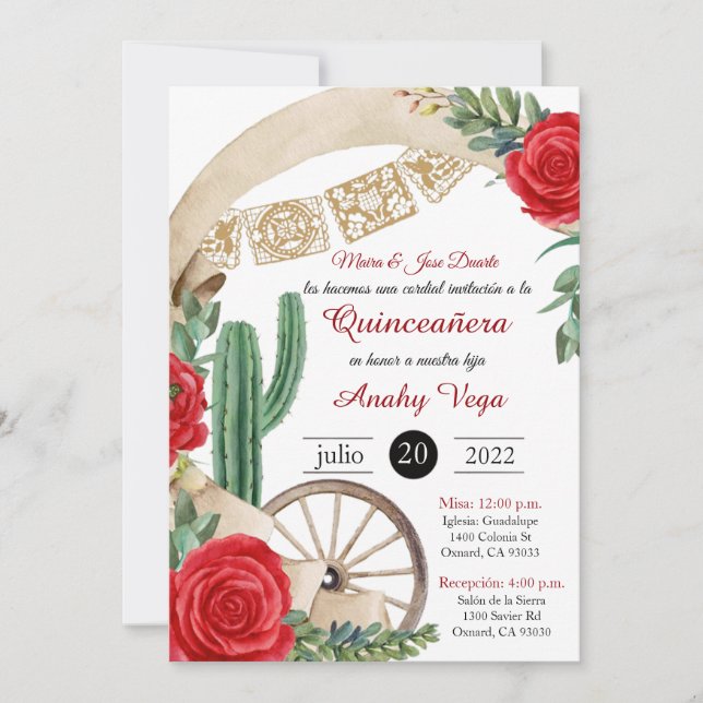 Invitación de Charro Huapango Quinceanera, rosas r (Anverso)
