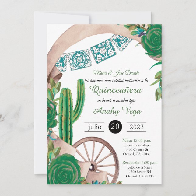 Invitación de Charro Huapango Quinceanera, Verde (Anverso)