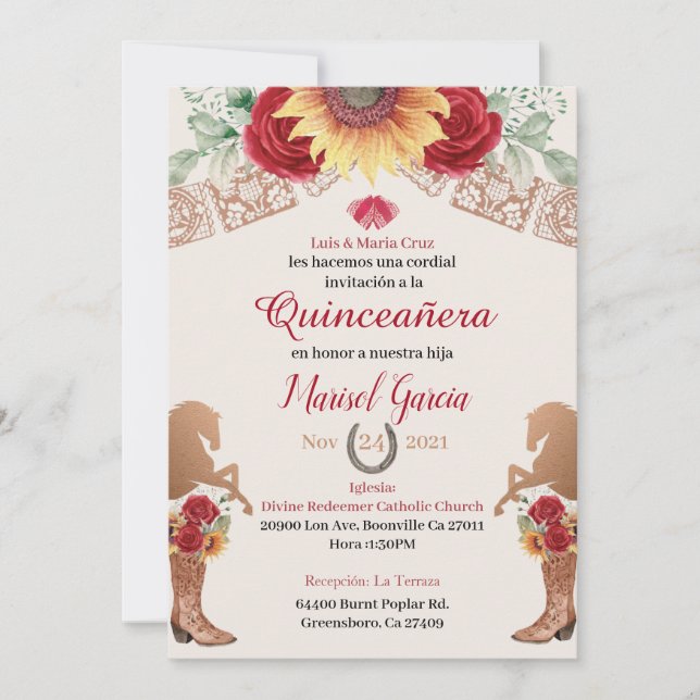 Invitación de Charro Quinceanera, invitación de Ro (Anverso)