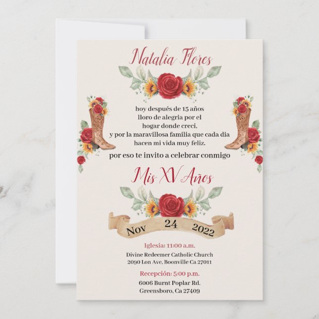 Invitación de Charro Quinceanera, rosas rojas (Anverso)