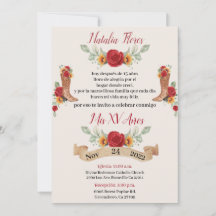 Invitación de Charro Quinceanera, rosas rojas