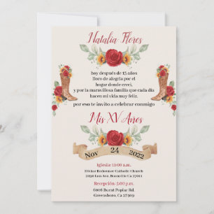 Invitación de Charro Quinceanera, rosas rojas