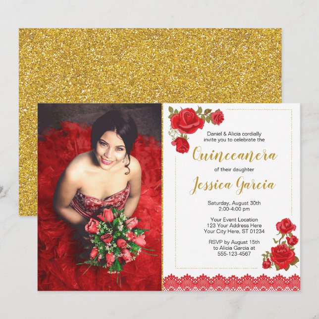 Invitación de Charro Quinceañera| Rosas y encaje (Anverso / Reverso)