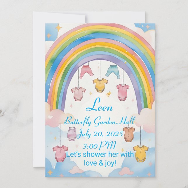 Invitación de Chica a Baby Shower con arco iris (Anverso)