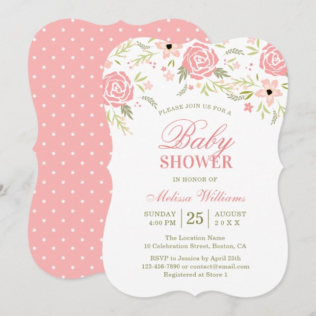 Invitación de Chica a Baby Shower con flores rosad (Anverso / Reverso)