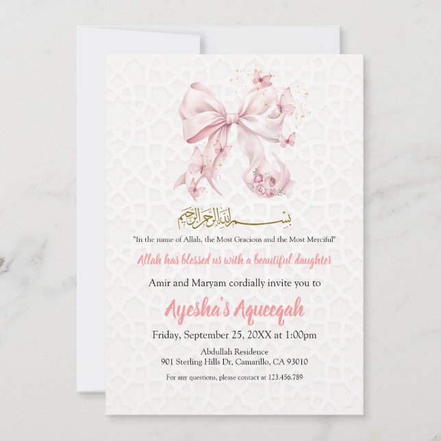 Invitación de Chica Aqiqah Pink Bow (Anverso)