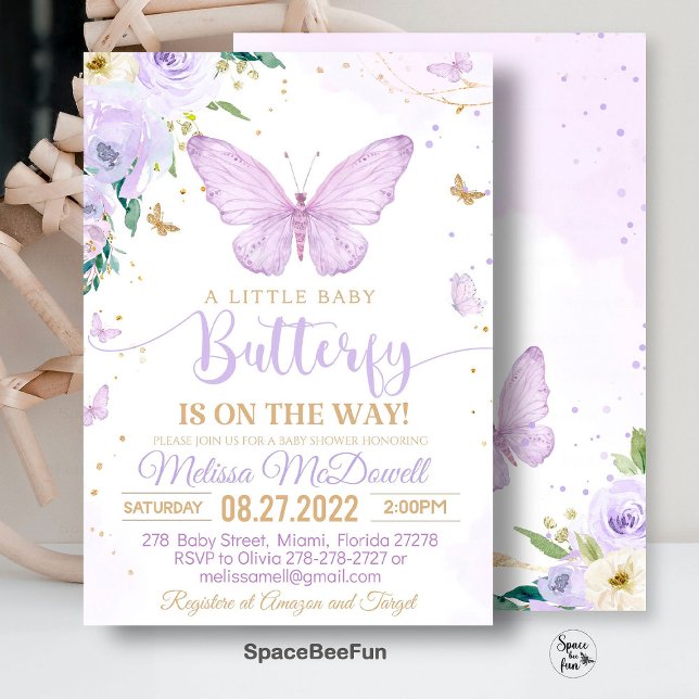 Invitación de Chica Baby Shower a mariposa morada (purple butterfly invitation,baby shower invitation,girl butterfly theme,baby shower invite,butterfly)