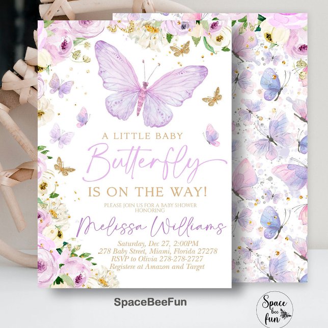 Invitación de Chica Baby Shower a mariposa morada (Purple Butterfly invitation,Baby Shower Invitation,Girl Butterfly Theme,baby shower invite,)