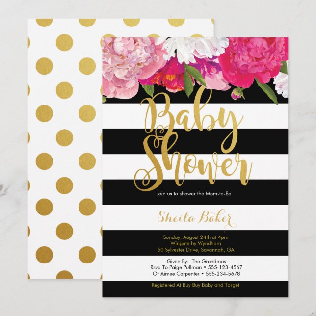 Invitación de chica Baby Shower - Blanco negro flo (Anverso / Reverso)