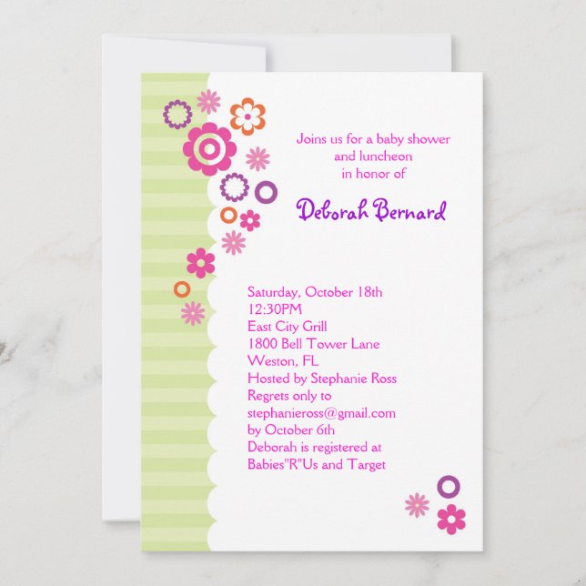 Invitación de Chica Baby Shower con flores y tiras (Anverso)