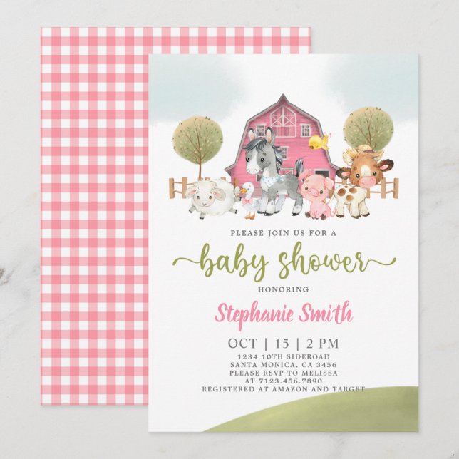 Invitación de chica Baby Shower de granja (Anverso / Reverso)