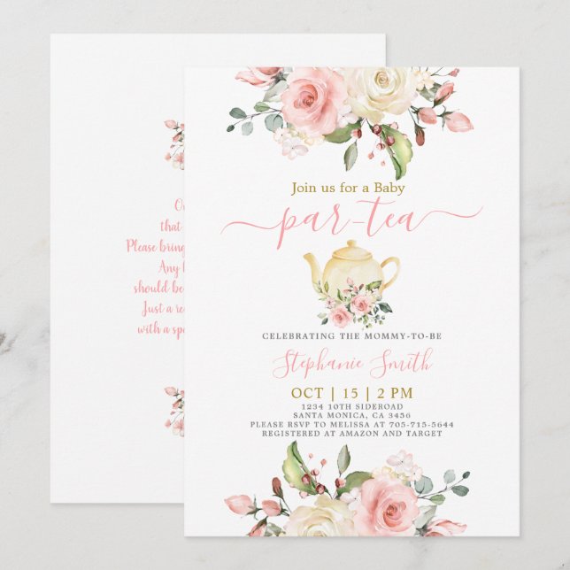 Invitación de chica Baby Shower Par-Tea (Anverso / Reverso)