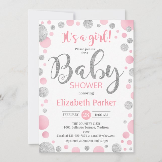 Invitación de chica Baby Shower - puntos rosados p (Anverso)