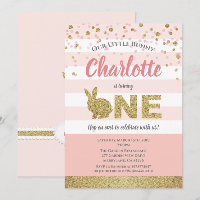 Invitación de chica conejito rosa y oro para el pr (Anverso / Reverso)
