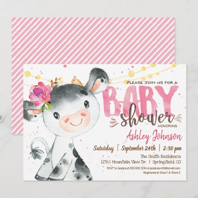 Invitación de chica Cow Baby Shower, Granja rosa (Anverso / Reverso)