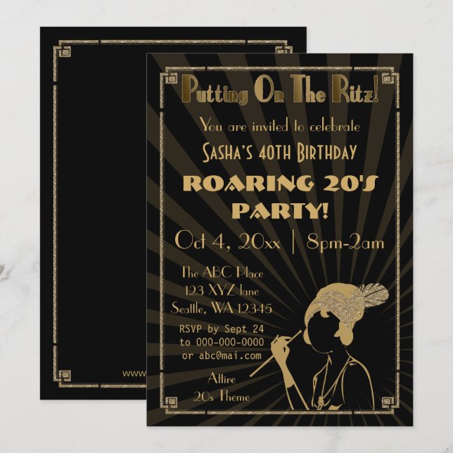 Invitación de chica de arte deco flapper de los añ (Anverso / Reverso)
