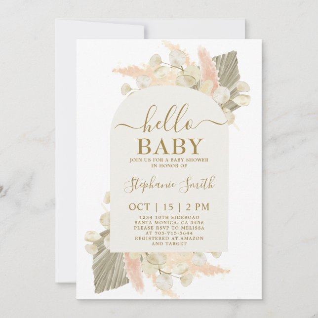 Invitación de Chica de Baby Shower Boho Pampas Gra (Anverso)
