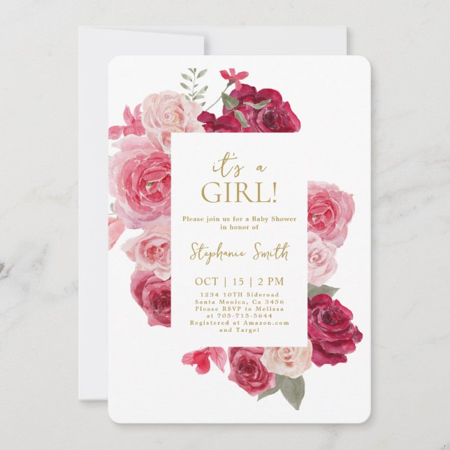 Invitación de Chica de Baby Shower con flores rosa (Anverso)