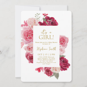 Invitación de Chica de Baby Shower con flores rosa