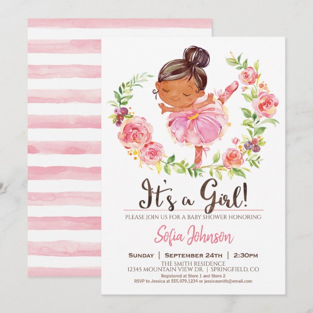 Invitación de Chica de Baby Shower de Ballerina Ro (Anverso / Reverso)