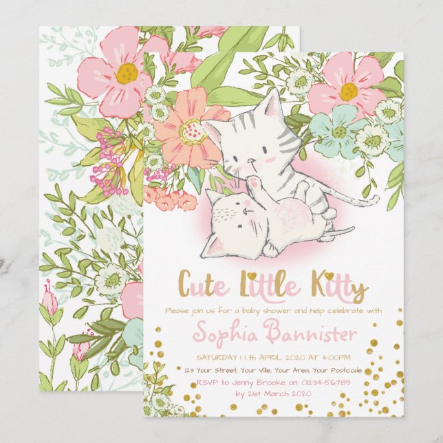 Invitación de Chica de Baby Shower de Cute Kitty (Anverso / Reverso)
