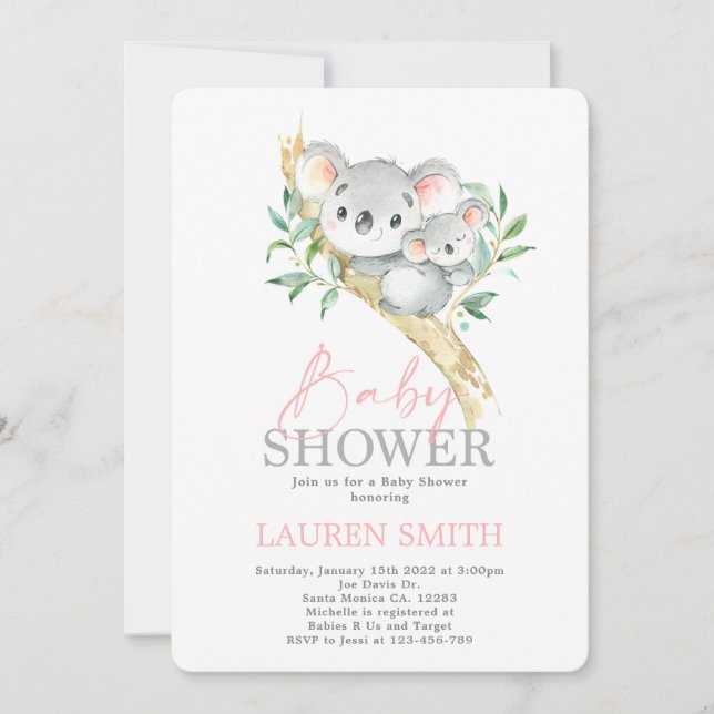 Invitación de Chica de Baby Shower de Koala (Anverso)
