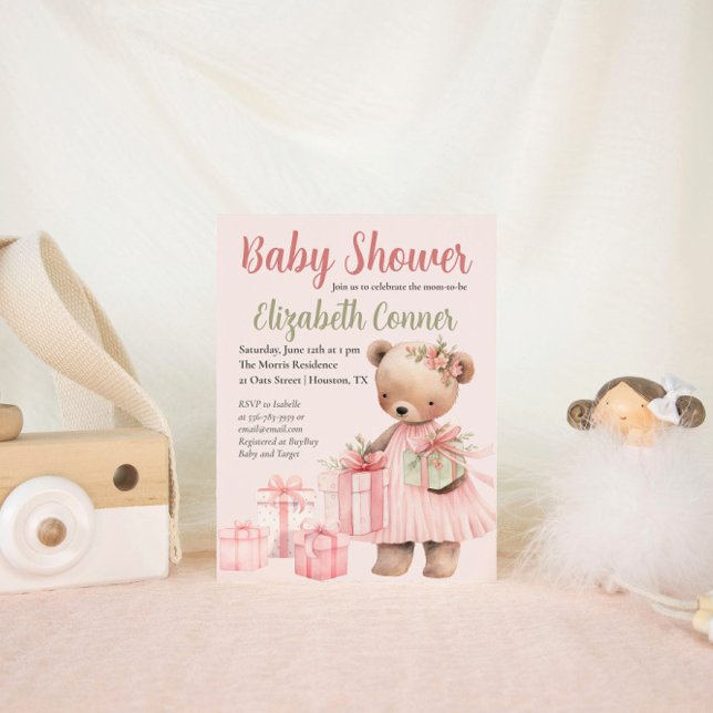 Invitación de Chica de Baby Shower de oso rosa lin (Cute Pink Bear Baby Shower Girl Invitation)