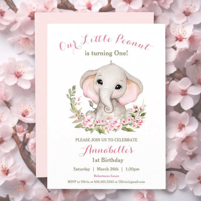 Invitación de Chica de cumpleaños 1 Elephant Pink  (Elephant Pink Spring 1st Birthday Girl Invitation)