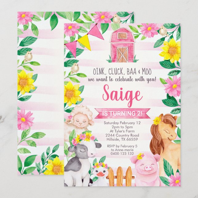 Invitación de Chica de la granja a cumpleaños de g (Anverso / Reverso)