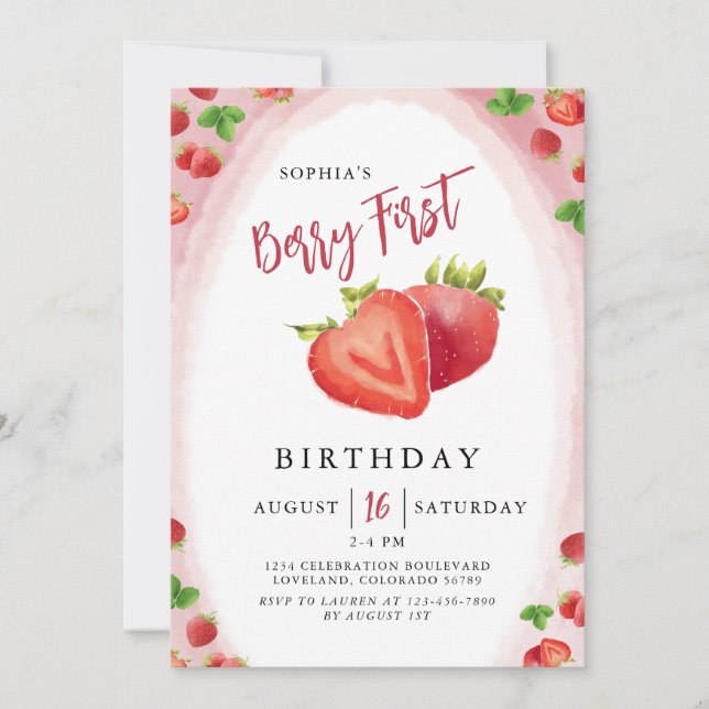 Invitación de Chica de primer cumpleaños a Strawbe (Anverso)