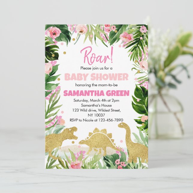 Invitación de chica Dinosaur Baby Shower (Anverso de pie)