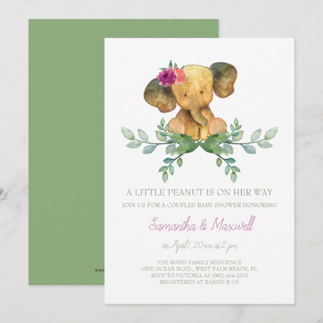 Invitación de chica Elephant Baby Shower (Anverso / Reverso)
