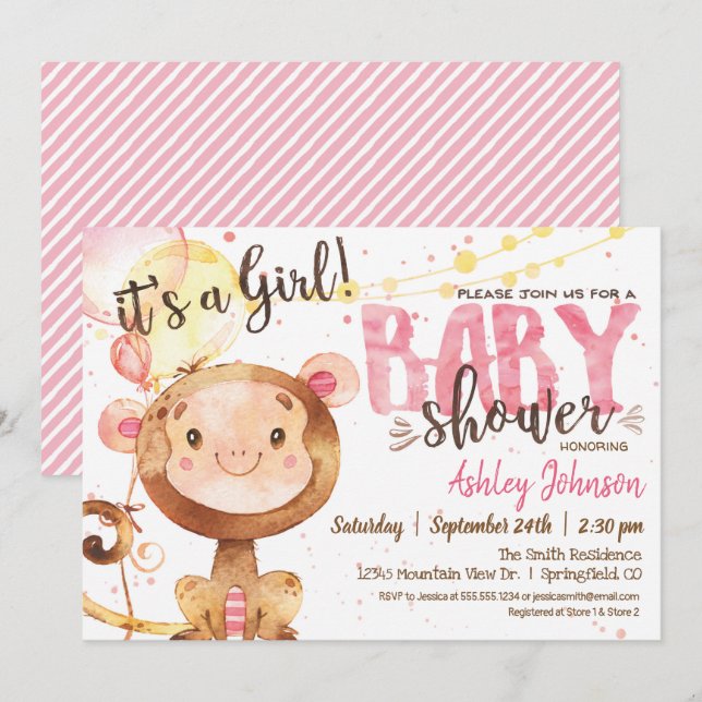 Invitación de chica Monkey Baby Shower (Anverso / Reverso)