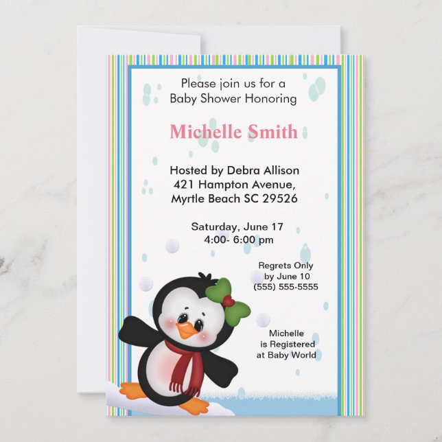 Invitación de chica Penguin Baby Shower (Anverso)