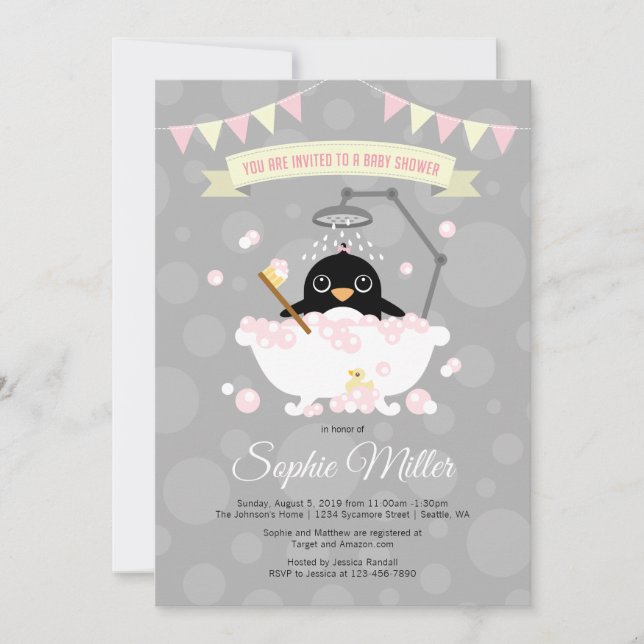 Invitación de chica Penguin Baby Shower (Anverso)