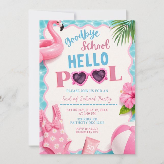 Invitación de chica rosa adiós escuela hola piscin (Anverso)