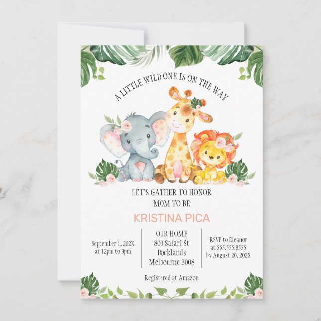Invitación de chicas a Safari Greenery Baby Shower (Anverso)