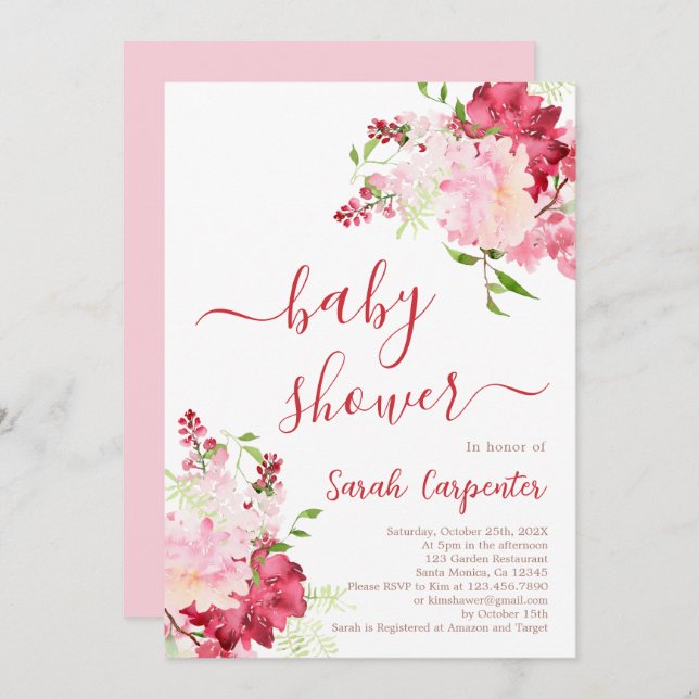 Invitación de Chicas de Baby Shower con flores roj (Anverso / Reverso)