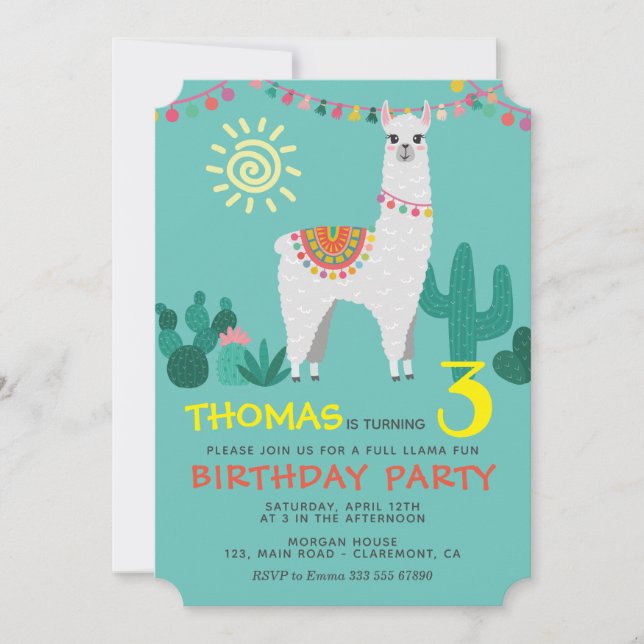 Invitación de chico de cumpleaños de Llama (Anverso)